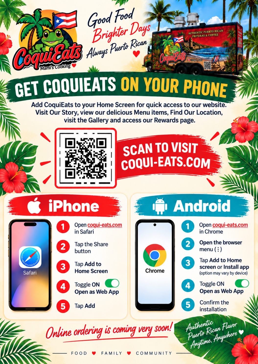 CoquiEats flyer explaining how to add the website to your phone home screen