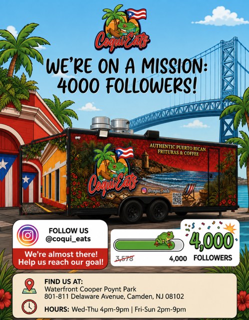 CoquiEats graphic celebrating 4,000 Instagram followers