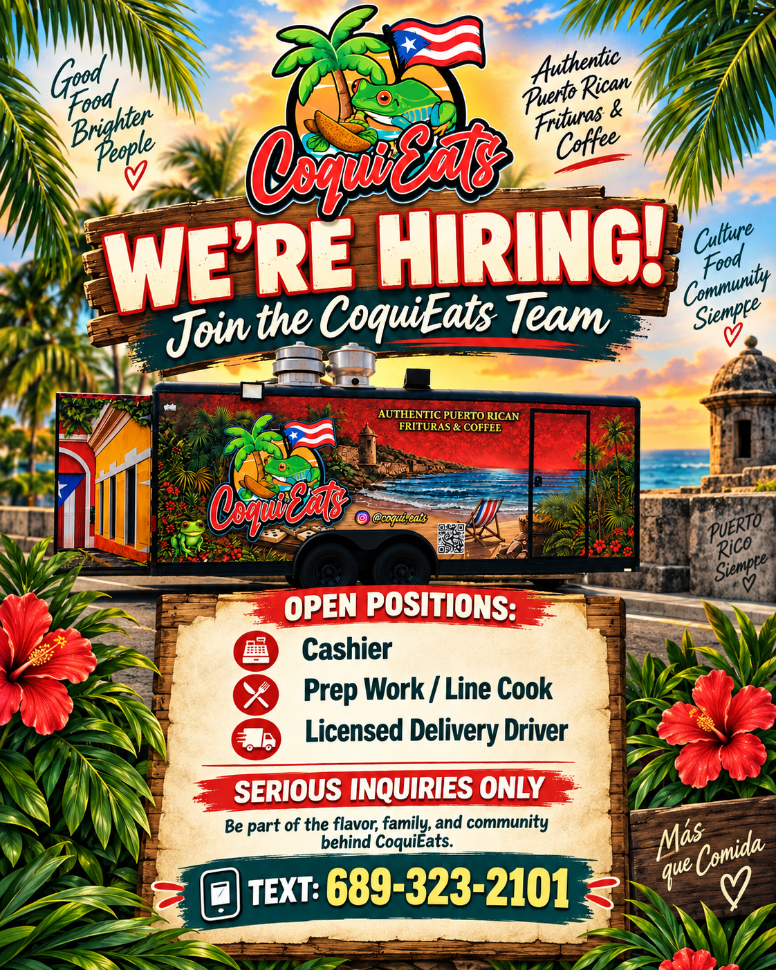 CoquiEats We're Hiring flyer listing open positions and a text number for serious inquiries