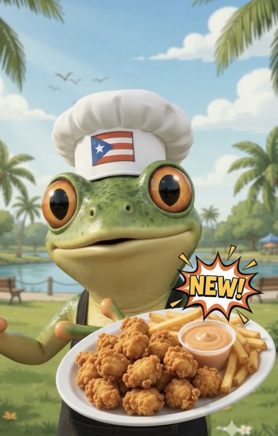 CoquiEats frog mascot presenting chicken and fries