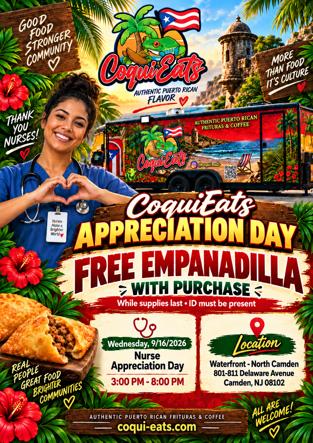 CoquiEats Nurse Appreciation Day flyer: Wednesday, September 16, 2026, 3 PM to 8 PM, free empanadilla with purchase, Waterfront North Camden