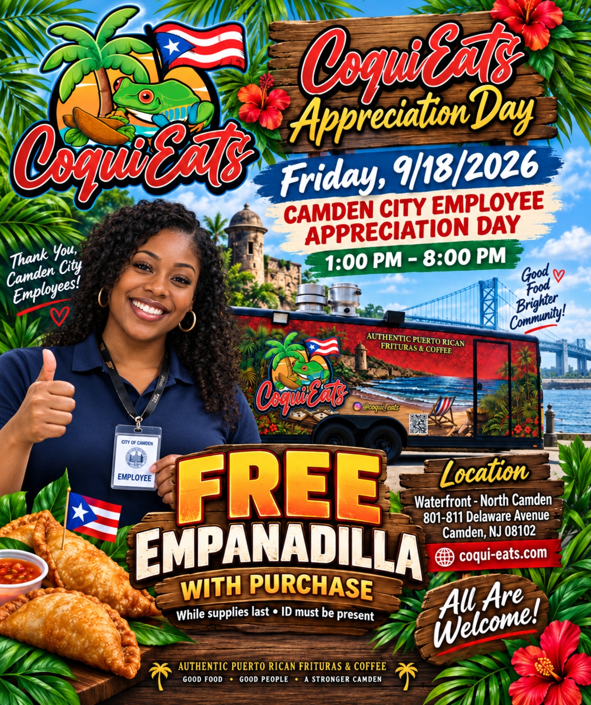 CoquiEats Camden City Employee Appreciation Day flyer: Friday, September 18, 2026, 1 PM to 8 PM, free empanadilla with purchase, Waterfront North Camden