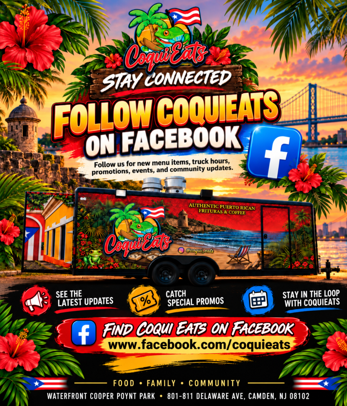 CoquiEats Stay Connected flyer: Follow CoquiEats on Facebook at www.facebook.com/coquieats for new menu items, truck hours, promotions, events, and community updates