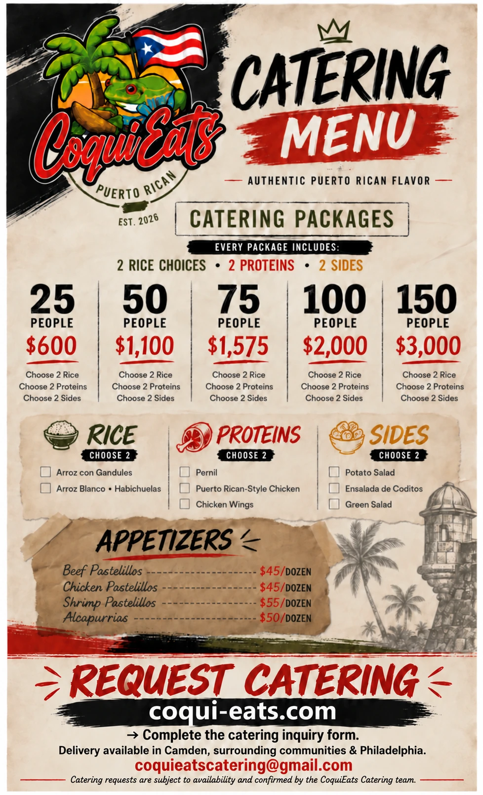 CoquiEats Catering Menu flyer: packages for 25 to 150 people, choose 2 rice, 2 proteins and 2 sides, appetizers by the dozen, request catering at coqui-eats.com