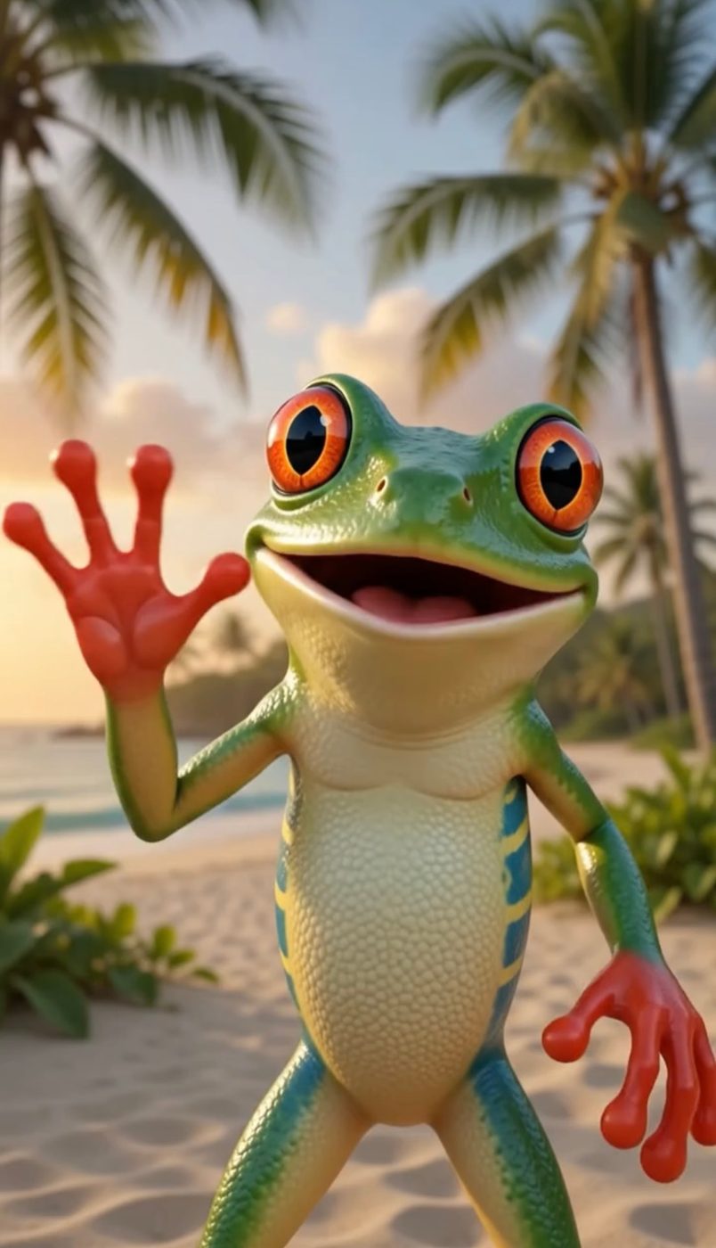 CoquiEats frog mascot waving on a tropical beach
