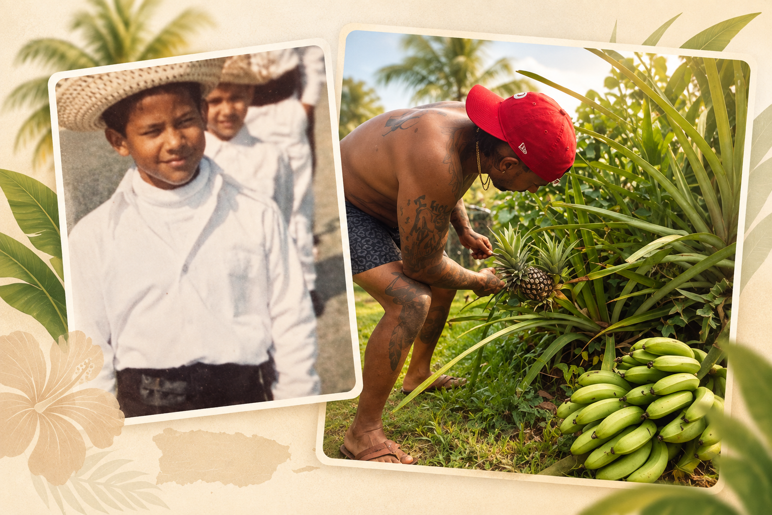 A vintage childhood photo from Puerto Rico beside Alex harvesting pineapple and bananas on the island