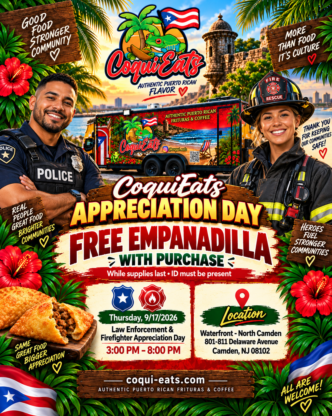 CoquiEats Law Enforcement and Firefighter Appreciation Day flyer: Thursday, September 17, 2026, 3 PM to 8 PM, free empanadilla with purchase, Waterfront North Camden