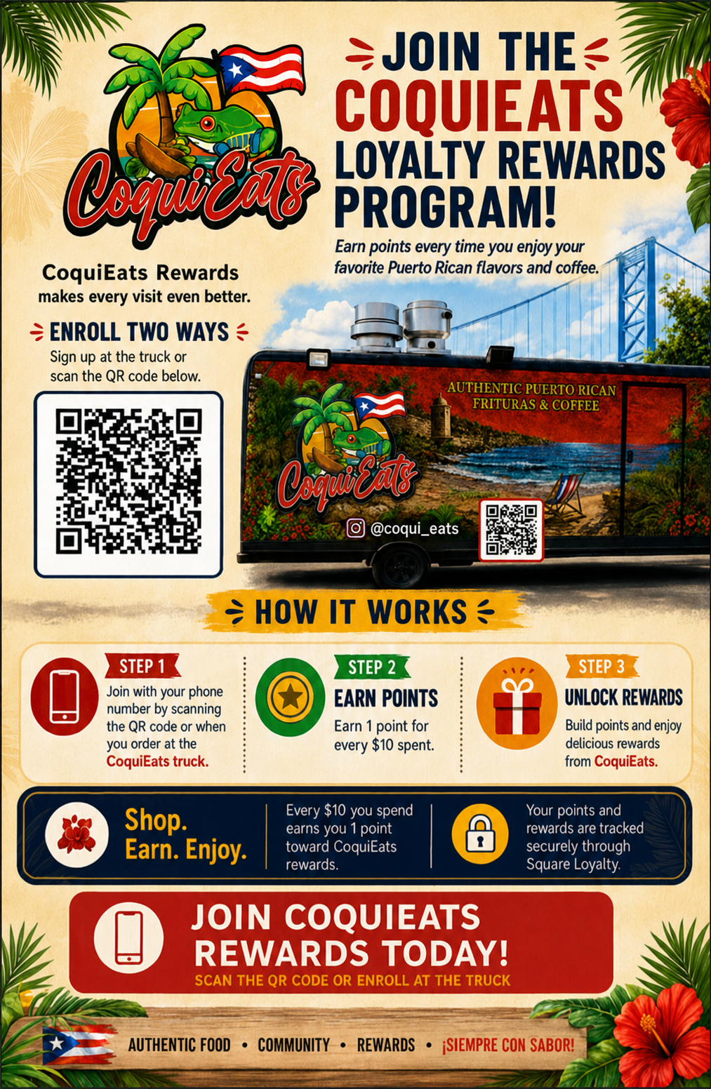 CoquiEats Loyalty Rewards Program flyer: enroll at the truck or by scanning the QR code, earn 1 point for every $10 spent, rewards tracked through Square Loyalty