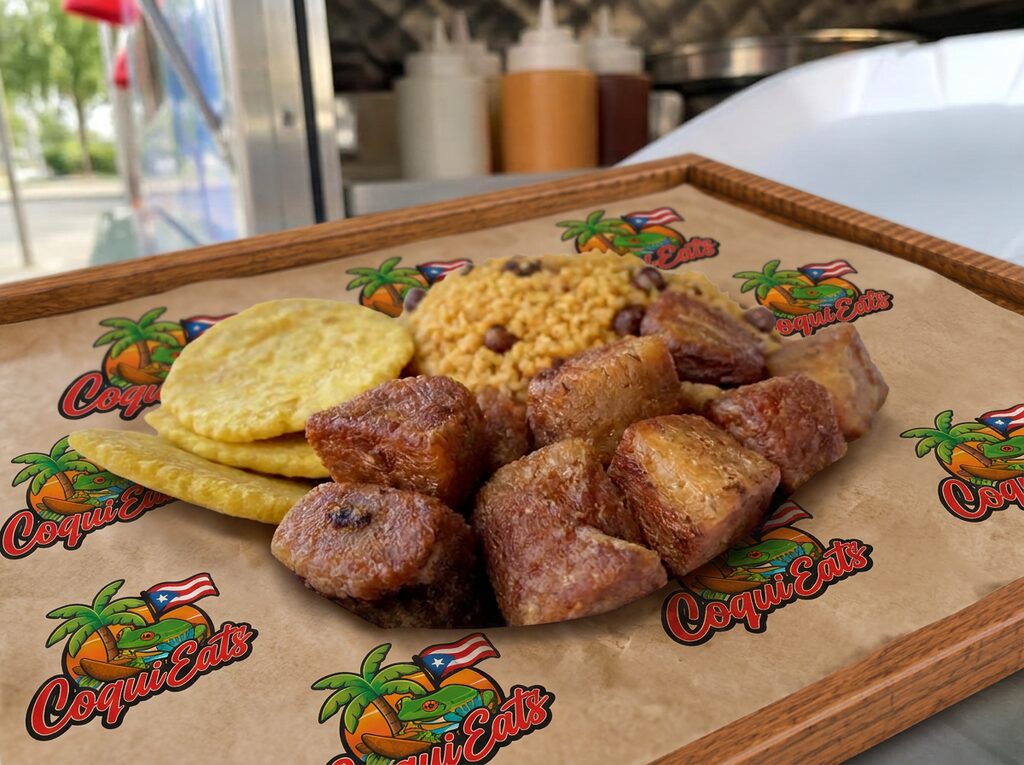 Carne Frita — Fried pork cubes. Choice of: Tostones, French Fries, or Arroz con Gandules (Rice w/ Pigeon Peas).