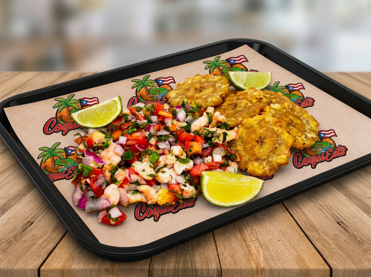 Ceviche de Camarones — Shrimp salad. Choice of: Tostones, French Fries, or Arroz con Gandules (Rice w/ Pigeon Peas).