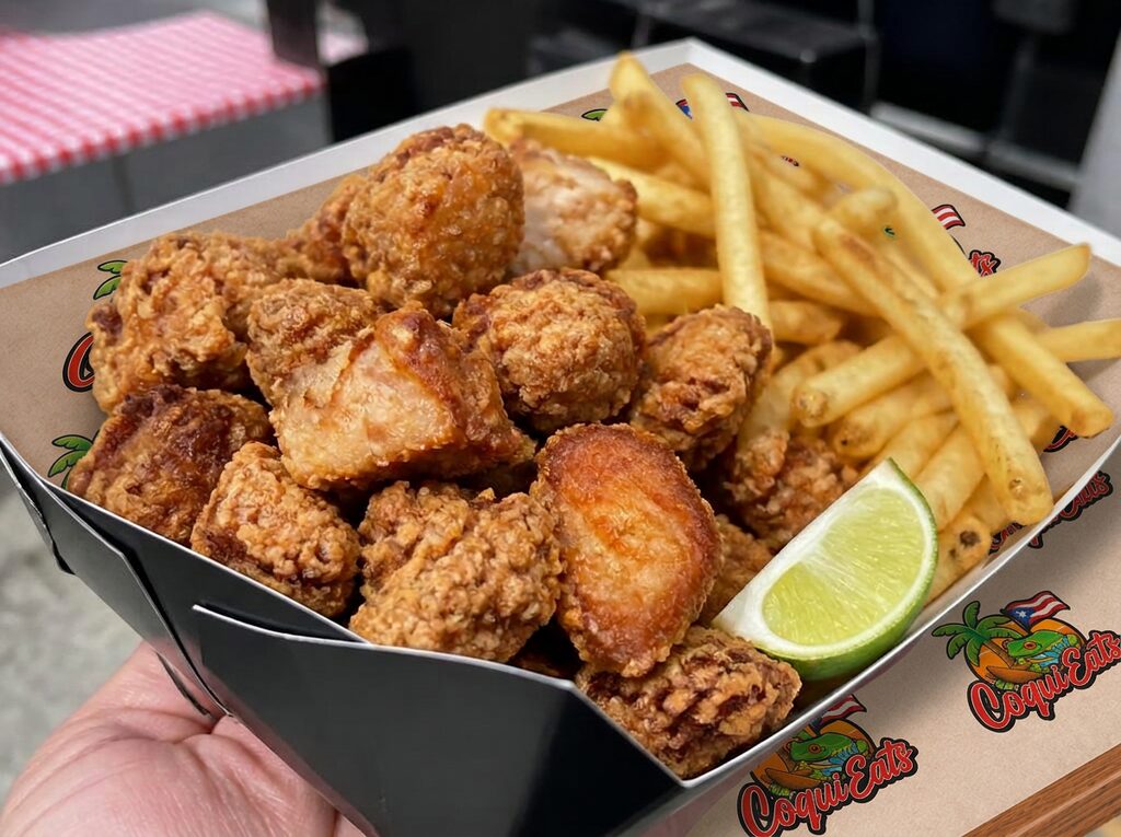 Chicharrones de Pollo — Fried chicken bites. Choice of: Tostones, French Fries, or Arroz con Gandules (Rice w/ Pigeon Peas).