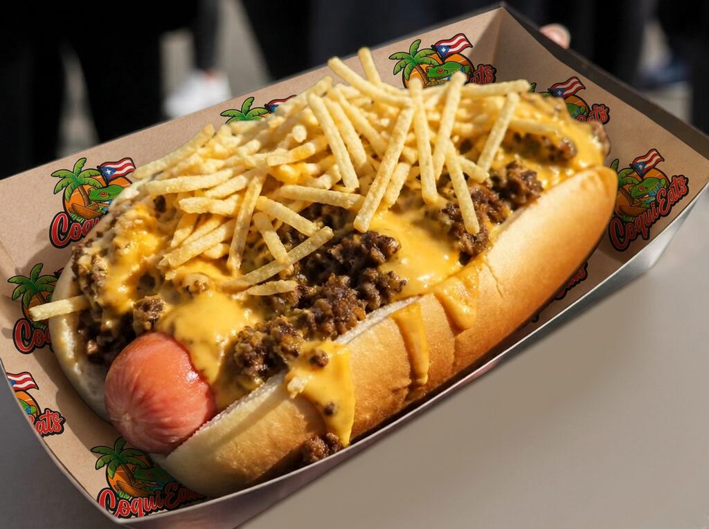 Loaded Hot Dog — Ground beef, Cheese Wiz & potato sticks.