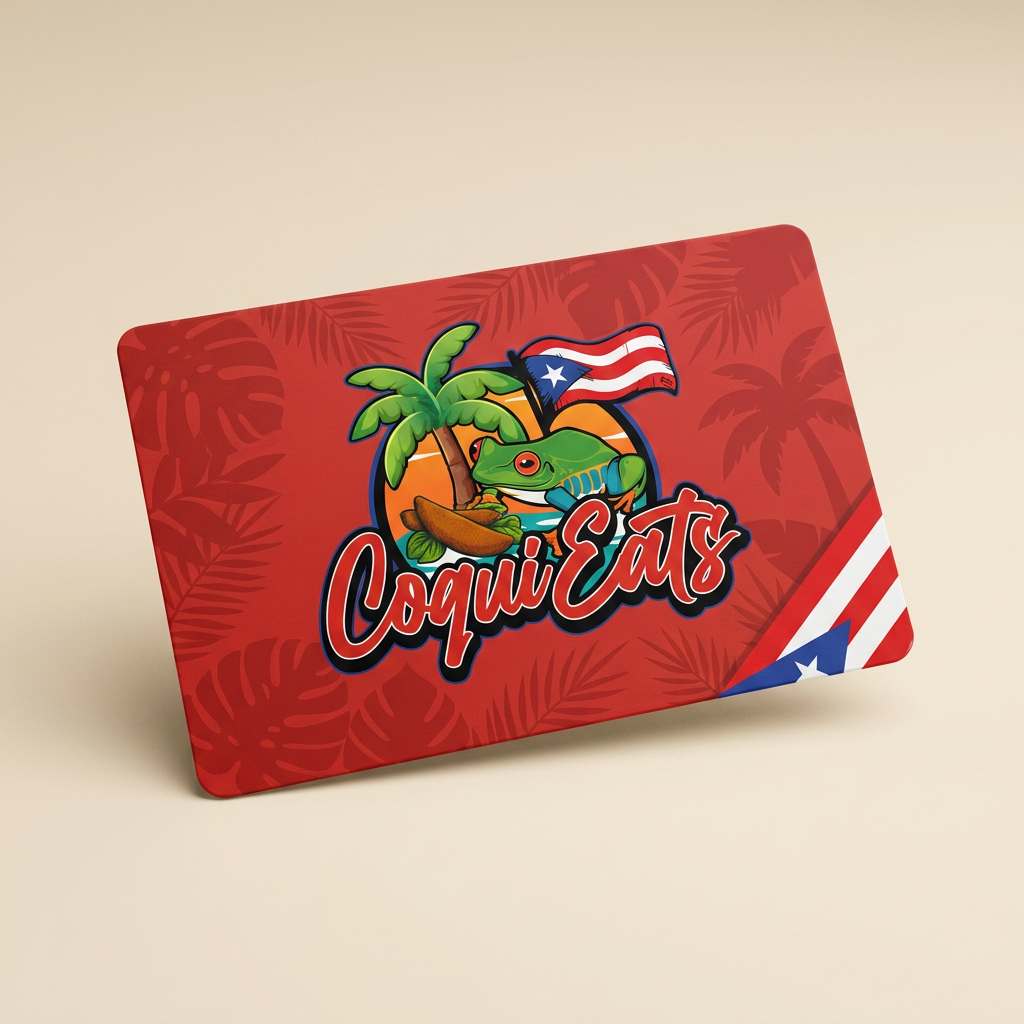 Red CoquiEats gift card with tropical leaf pattern and Puerto Rican flag accent