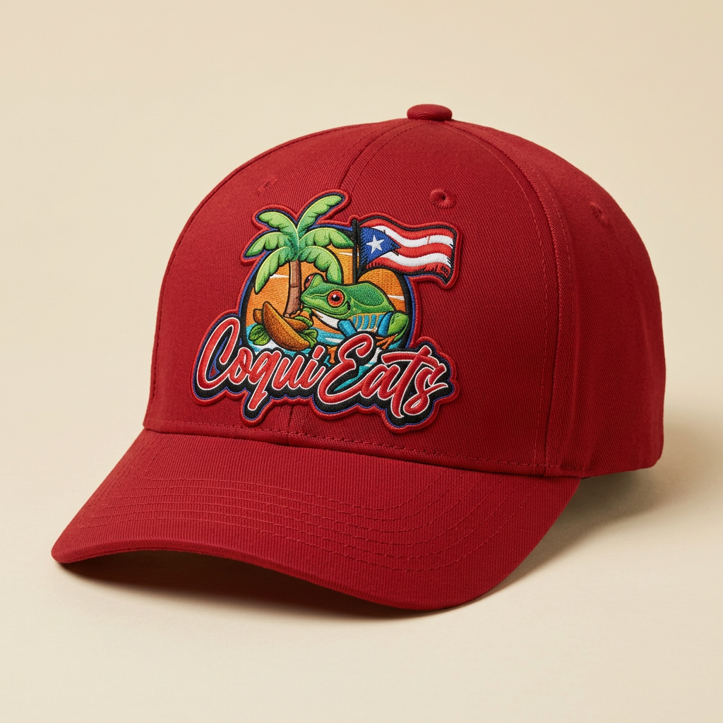 Red CoquiEats baseball cap with the embroidered full-color coquí logo