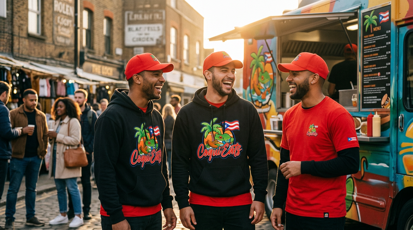 Friends in Camden wearing red CoquiEats t-shirts, black hoodies and caps at golden hour