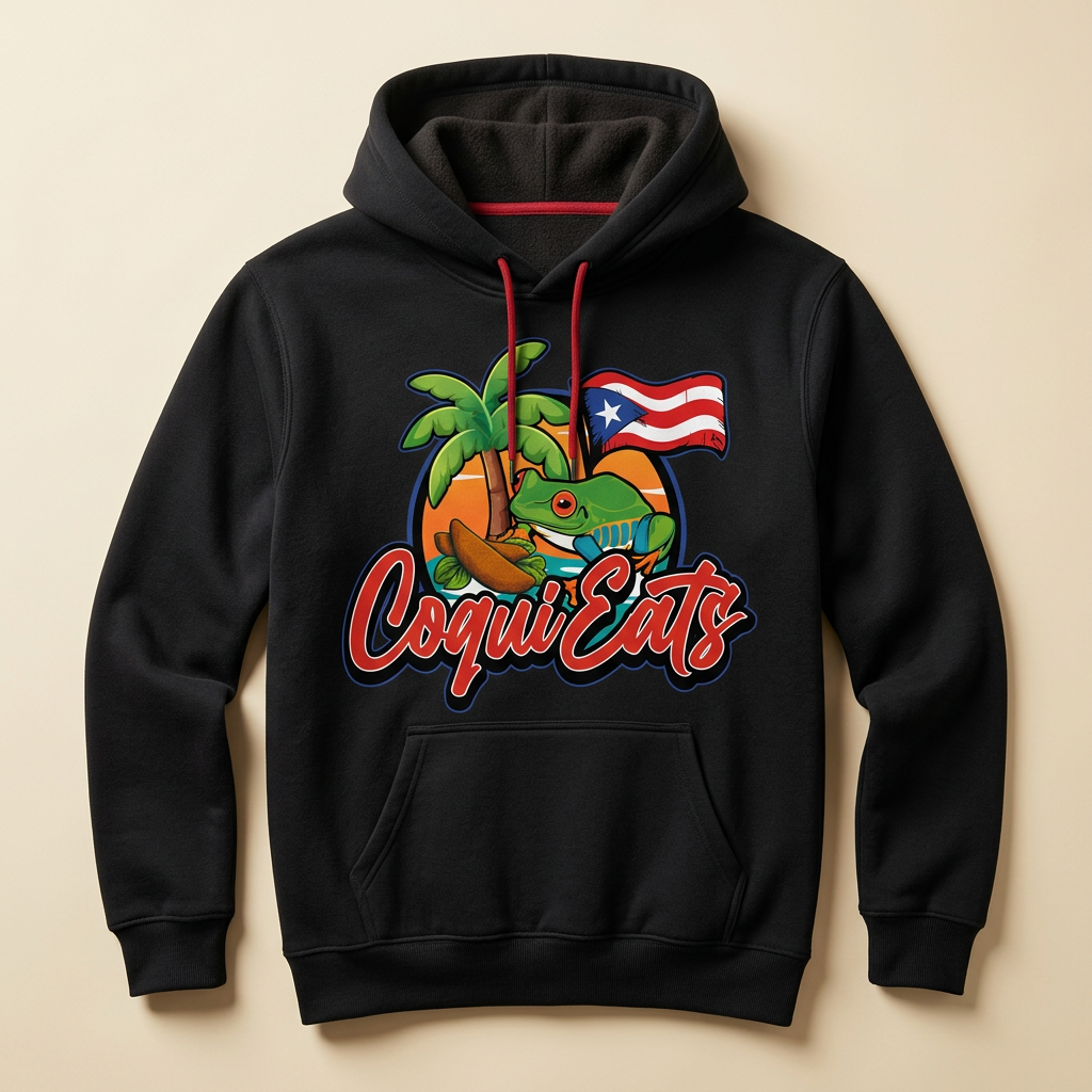 Black CoquiEats hoodie with red drawcords and the full-color coquí logo on the chest