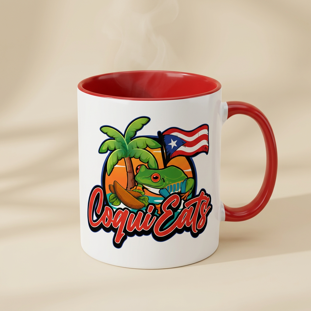 White CoquiEats ceramic mug with a red handle and the full-color coquí logo