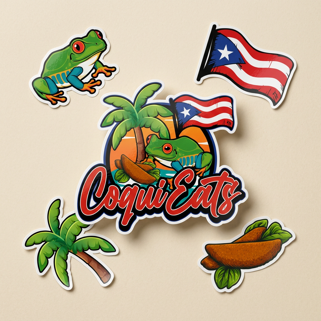 Set of die-cut CoquiEats vinyl stickers including the logo, coquí, flag and palm