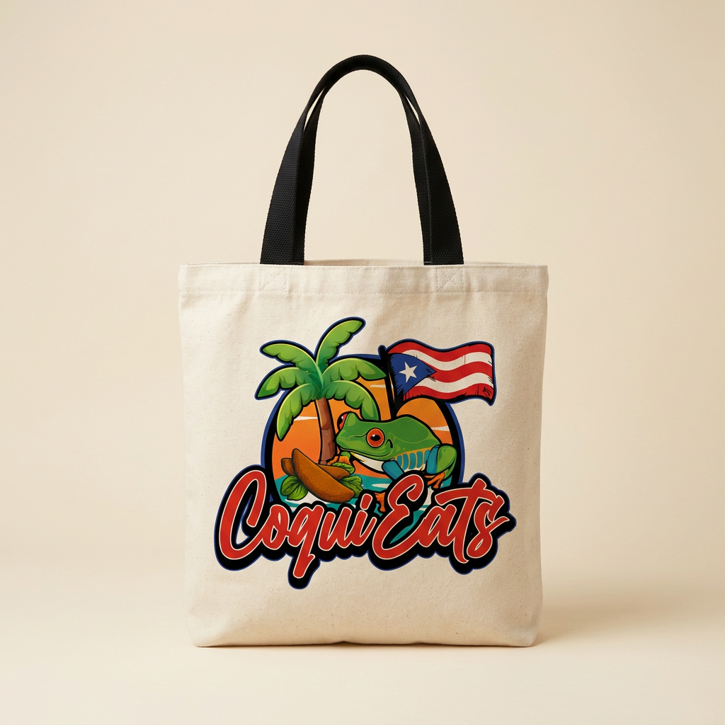 Natural canvas CoquiEats tote bag with black handles and the full-color coquí logo