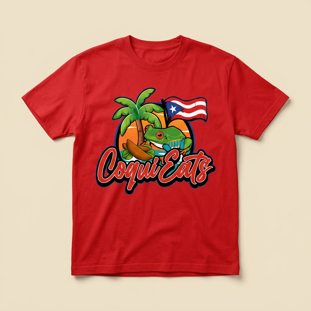 Red CoquiEats t-shirt with the full-color coquí logo printed on the chest