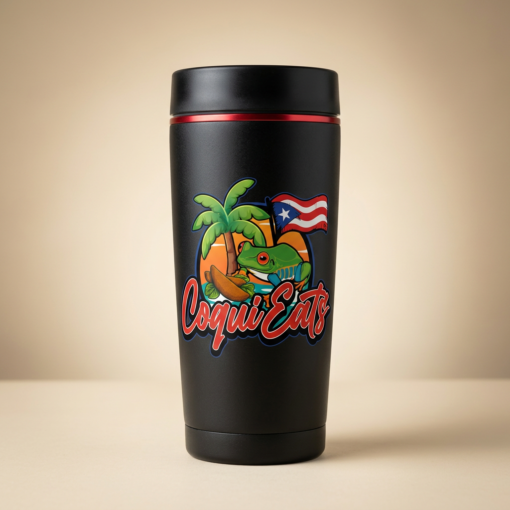 Matte black CoquiEats stainless steel tumbler with a red accent ring and the coquí logo
