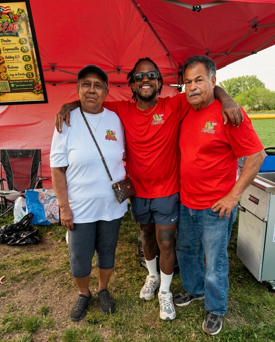 Alex Vazquez with his mother and father in CoquiEats shirts beside the truck