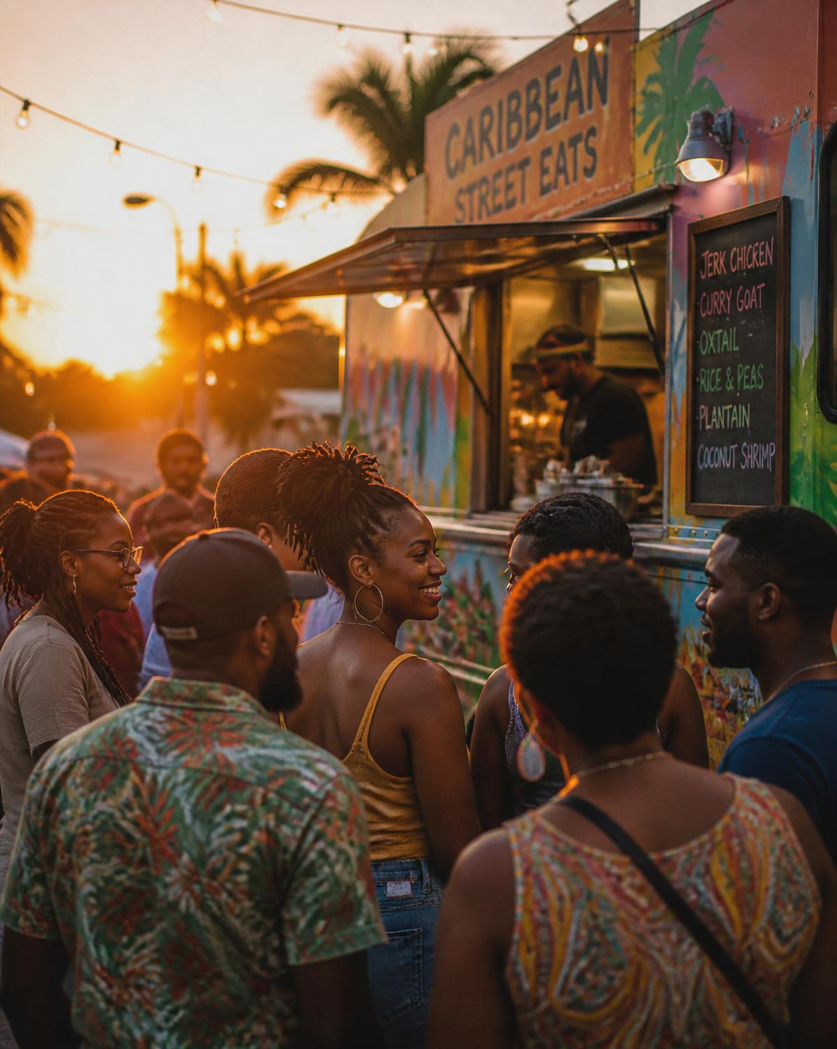 Neighbors gathered and smiling at the food truck window at golden hour