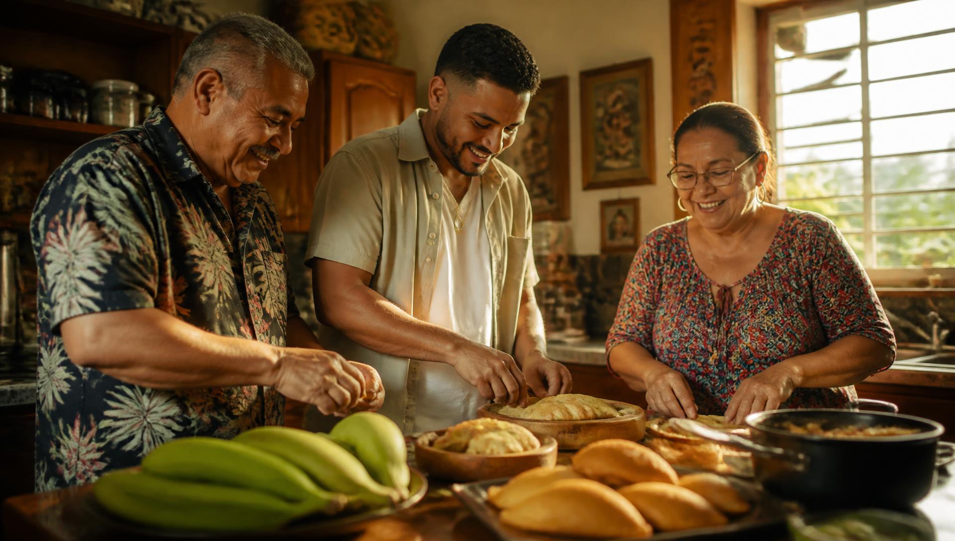 Alex Vazquez cooking alongside his parents in the family kitchen