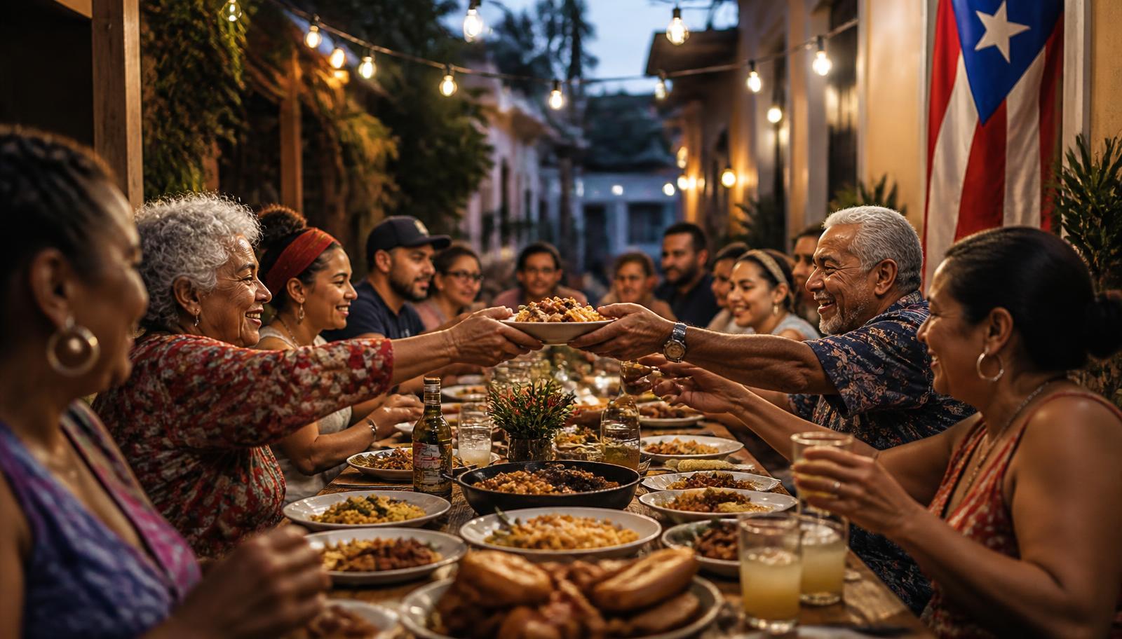 A long table of Puerto Rican dishes ready to be shared among neighbors and guests